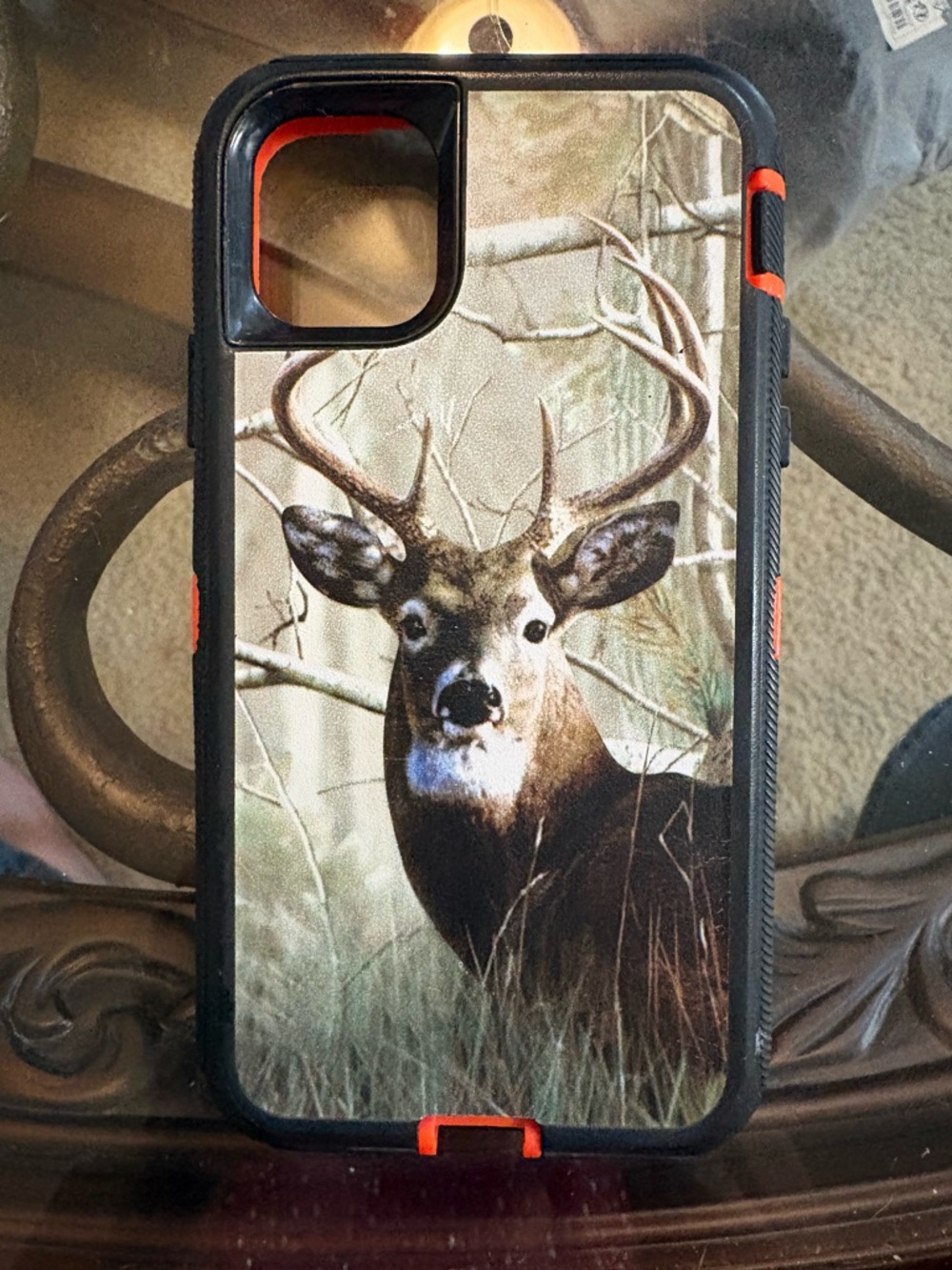 iPhone11 Deer Print Black Protective Phone Case with Orange Accents